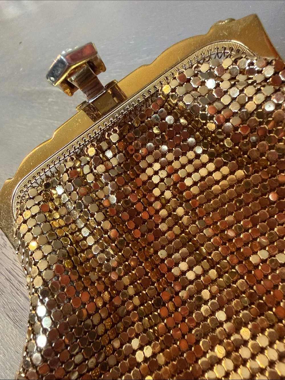 Whiting & Davis Vintage Gold Mesh Evening Clutch with Rhinestone Clasp